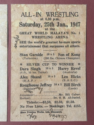 Singapore 1947 All-In Wrestling Malaya Programme Stan Garside Vs Son Of Kong - Picture 3 of 4