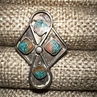 Vintage Southwestern Artisan Made Turquoise Coral Inlay Ring Size 9