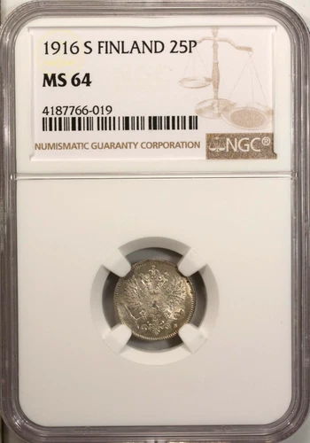 Finland 25 Pennia 1916 S NGC MS 64 UNC  Silver