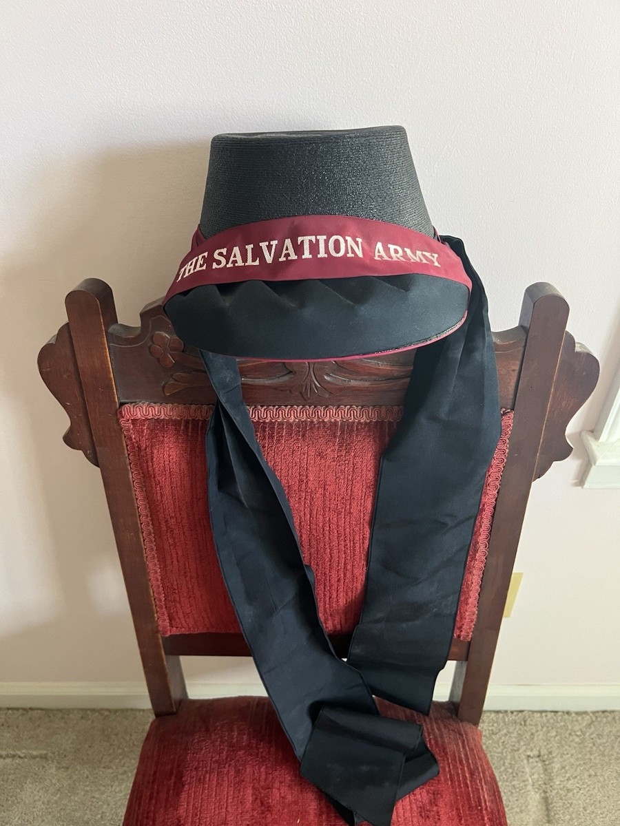 Vintage Salvation Army Bonnet Hat Black Maroon Straw Silk Ribbon Oversized Bow RARE Salvation Army Bonnet and Hat Box Collectors Set  main image 4