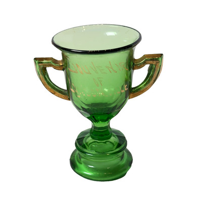 Lyndonville VT VERMONT ANTIQUE Souvenir DEPRESSION GREEN Glass TRINKET TROPHY