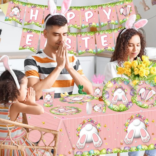 Happy Easter Decorations-142Pcs Bunny Plates and Napkins Kit Pink - Picture 3 of 6