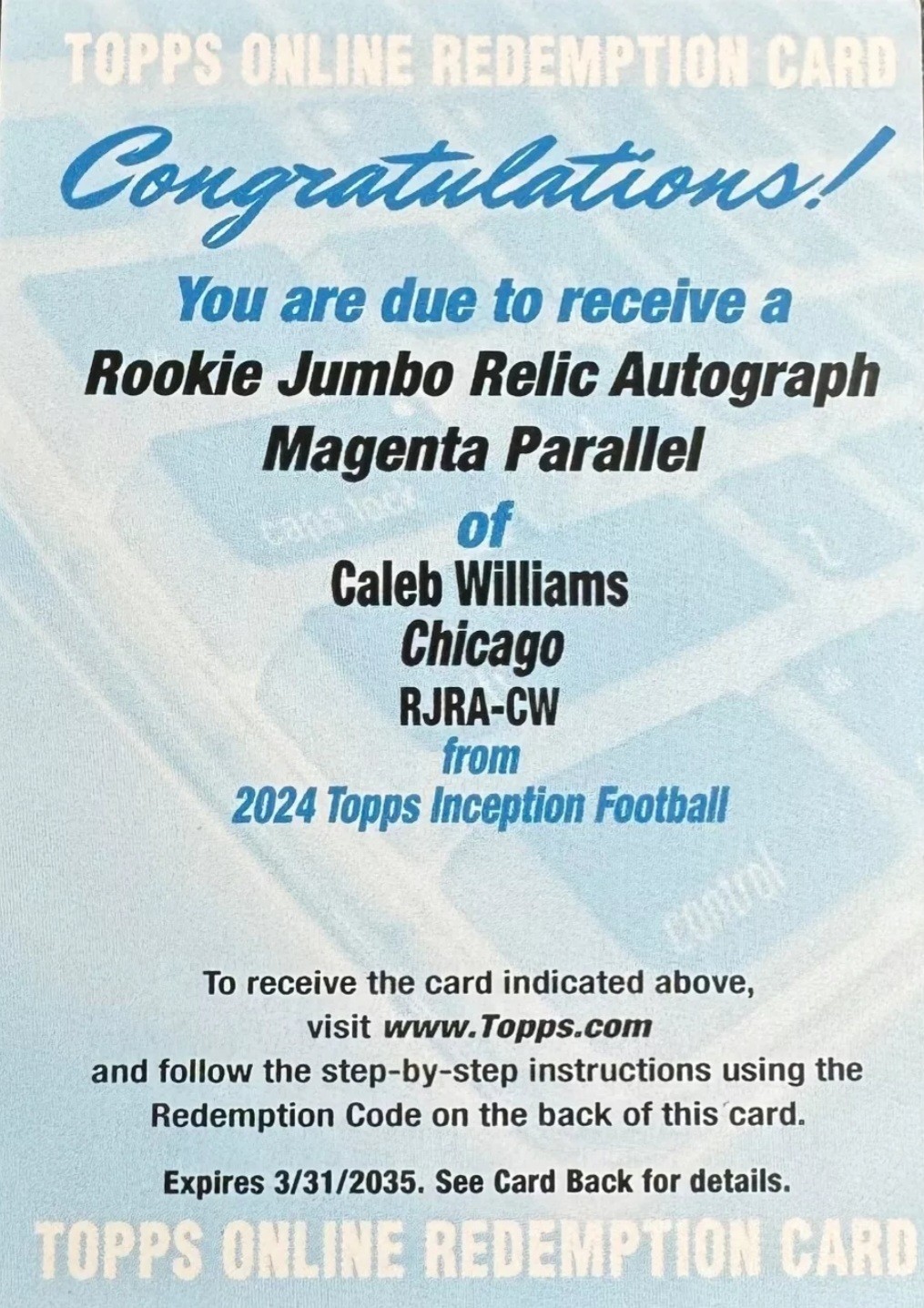 2024 Inception Rookie Jumbo Relic Auto Magenta RC Caleb Williams #RJRA-CW /99