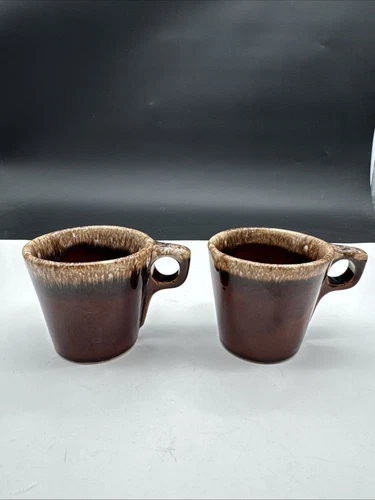 2 Vintage Hull Oven Proof Pottery Brown Drip Glaze Coffee Mugs Cups Set of 2 USA