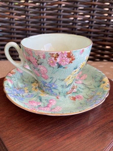 Shelley Melody grün Chintz Blumenmuster Goldrand 4 Unzen Teetasse & Untertasse #13453 * XLNT! - Bild 7 von 7
