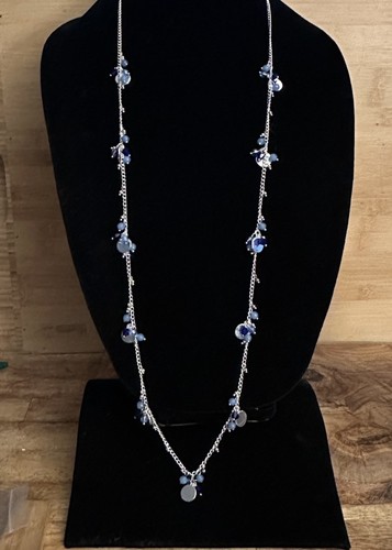 Nine West Shiny Silver Tone & Blue Beaded Dangle Necklace 42” Can Be Doubled