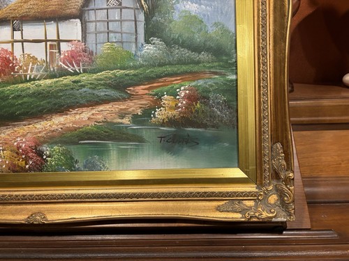 "Pintura al óleo vintage de paisaje de cabaña marco dorado firmada por T. Curtis 29X25""" - Imagen 5 de 19
