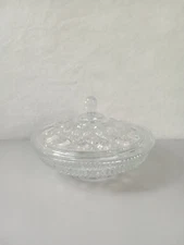 Vtg. Indiana Glass Clear Candy Dish With Lid Windsor Button & Cane Covered 7.5"