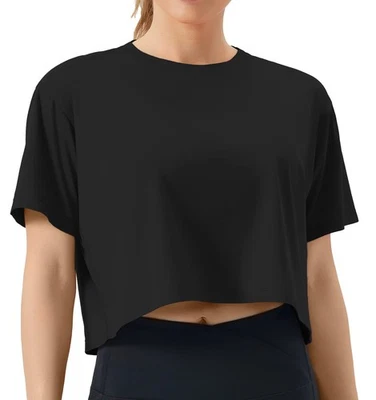 Damen Sport Crop Top Kurzarm Lockeres Basic Fitness Shirt Bauchfrei Sommer Yo... - Bild 1 von 4