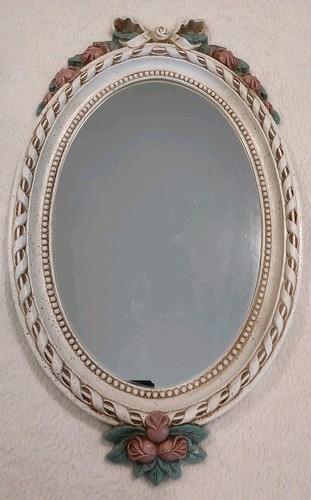 Homco Vintage ovaler Wandspiegel mauve Blumen grüne Schleifen 21" hoch 12,5" breit