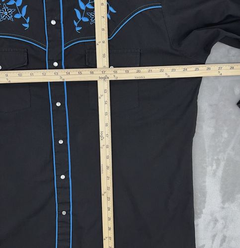 ELY CATTLEMEN Pearl Snap Shirt Mens XL Long Sleeve Embroidered Floral Black Blue - Picture 23 of 24
