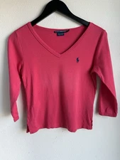 Ralph Lauren Sport Women's Small T-Shirt V-Neck Pink Cotton Long Sleeve Top