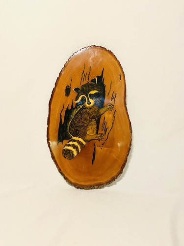Hand Painted Raccoon Climbing Out of a Tree ~ Tree Log Wood Burning Art- Vintage - Picture 6 of 12