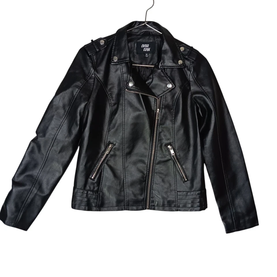 Outer Edge Moto Jacket Faux Leather Black Size Medium Side Zipper Fully Lined - Image 3 of 4