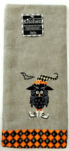 Kitchen Tea Towel Set 2 Black Owl Halloween Horror Decor Linen Gray Black Orange - Picture 2 of 4