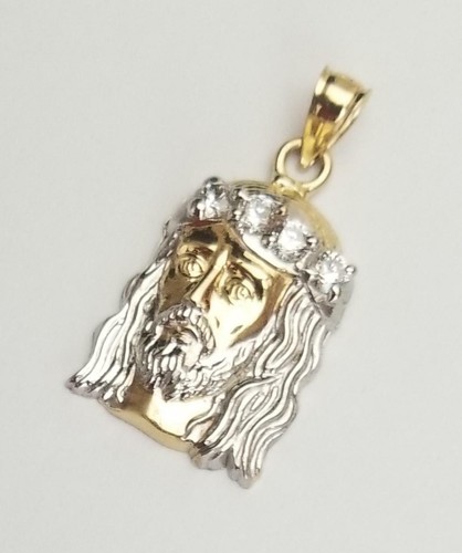 14K 2 Tone Gold Jesus Face CZ Religious 3D Charm Pendant - Picture 10 of 10