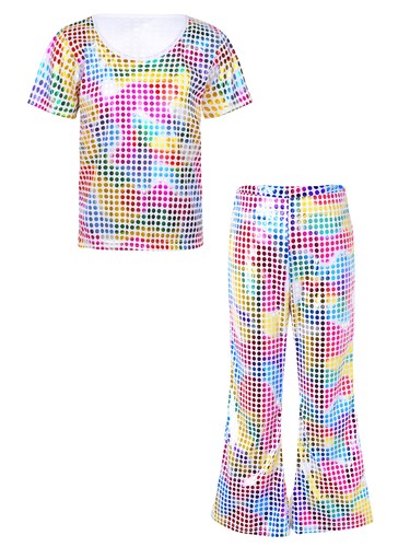 Kids Girls Suit T-shirt Outfits 80s Set Performance Elastic Waistband Jazz - Picture 57 of 70