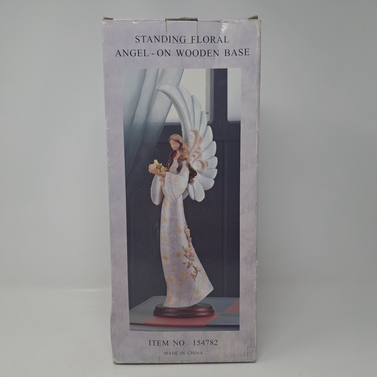 Vintage Standing Angel On Wood Base W Floral Accents & Box
