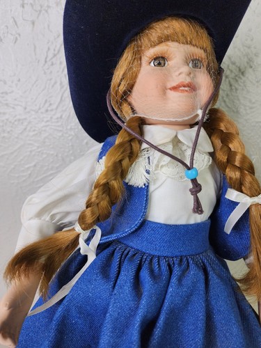 Dynasty Doll Collection Porcelain Cowgirl Doll Blue Dress Braids Hat Approx 17"  - Picture 7 of 18
