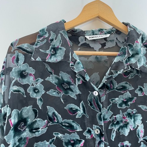 Amaranto Womens Top Size 18 Black / Teal Floral Sheer Button Up - Picture 2 of 9