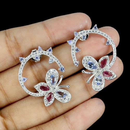 925 Sterling Silver Earrings Pear Tanzanite Ruby Natural Gemstone Jewelry - Picture 2 of 14