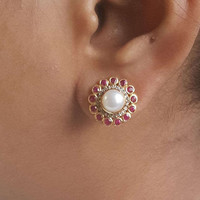 Ruby 14K Gold Pearl Gemstone Stud Earrings 925 Silver Diamond Pave Fine