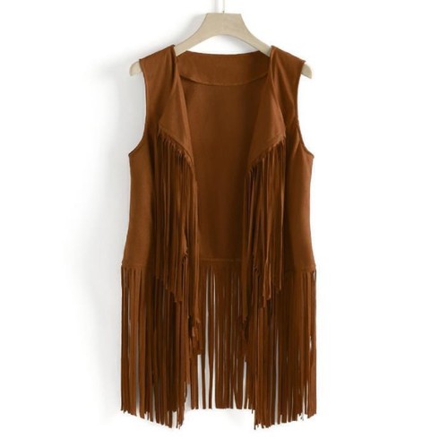 Women Faux Suede Tassels Jacket Western Cowboy Vest Waistcoat Coat Costume Tops - Picture 12 of 13