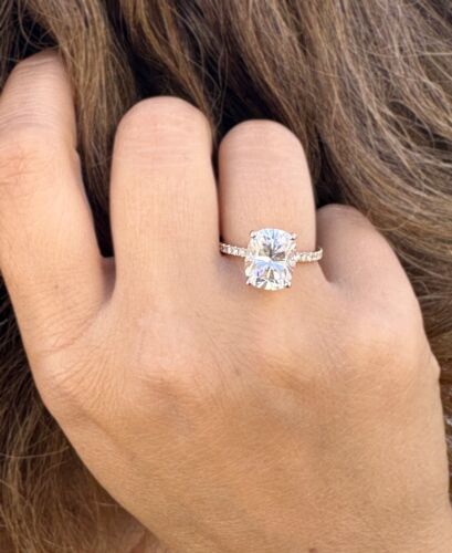 ANELLO DI FIDANZAMENTO MOISSANITE CUSCINO E TAGLIO ROTONDO ORO ROSA MASSICCIO 14K 3,70CTW - Foto 13 di 14