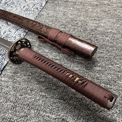Handmade Katana 1095 Steel Razor Sharp Brown Saya Full Tang w/ Stand - Picture 6 of 9