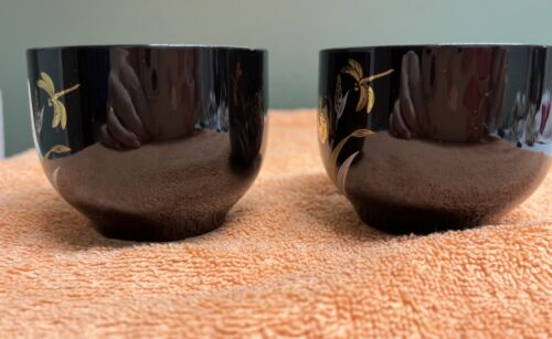 Vintage Japanese Tea Sake Cups, Black with Irises and Dragonfly- Set of 2 - Picture 2 of 5