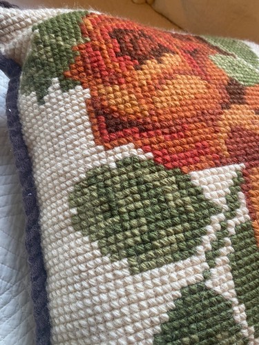 VTG 70’s Grannycore Cross Stitch Orange Green Floral Cottage Core Pillow - Picture 11 of 20