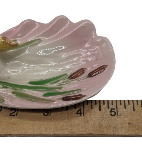 1950er Zanesville OH Keramik Schmuckschale rosa muschelförmig mit Rohrkolben & Ente - Bild 8 von 8