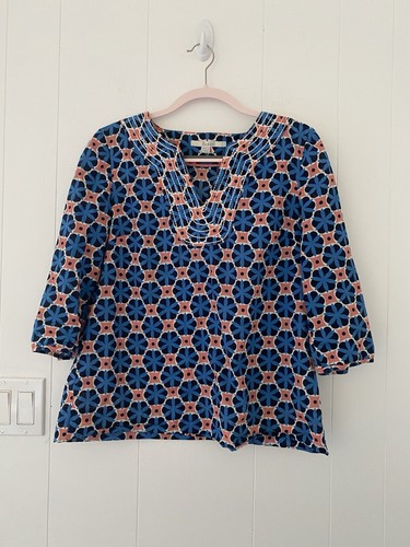 Boden Damen Gr. 10R blau & orange Blumen Medaillon 3/4 Arm Tunika 100% Baumwolle