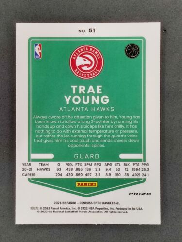 2021-22 Donruss Optic TRAE YOUNG Blue Velocity Prizm #51 ATL Hawks - Picture 2 of 2