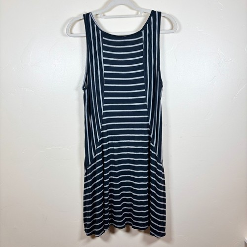 XCVI Top Sz L Blue Gray Stripe Sleeveless Tunic Asymmetrical Hi-Lo Hem Lagenlook - Picture 2 of 6