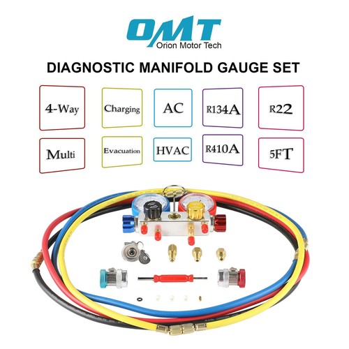 Complete 4-Way Manifold Gauge Set for Refrigeration AC/HVAC Tool w 4 Hoses - Picture 2 of 9