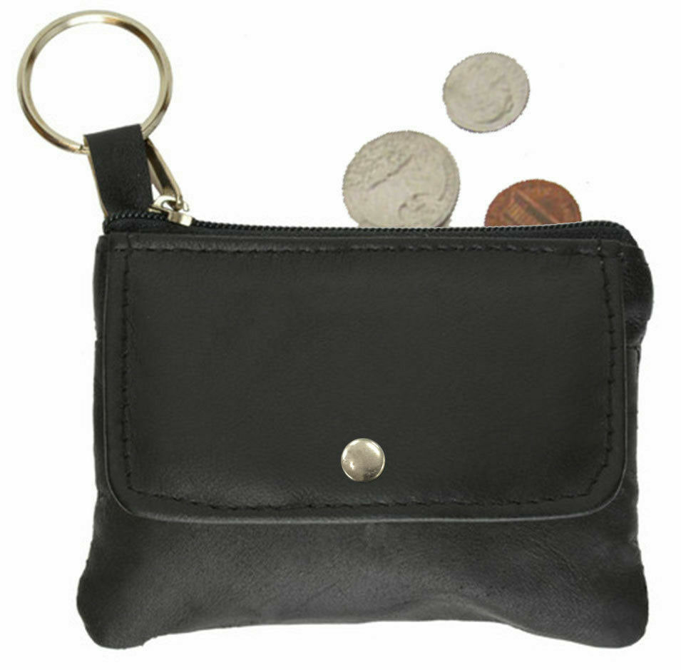 Black BCP Mens Soft Genuine Leather Zipper Coin Pouch Purse Change Wallet with Key Ring