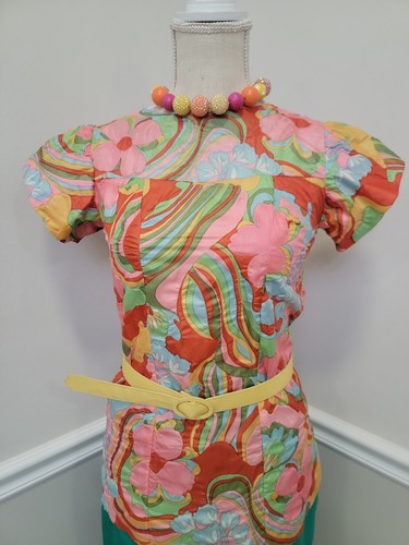 Vintage '60s Mod Gogo Hippie Multicolored Top/Short Sleeve/Metal Zip - Picture 2 of 11