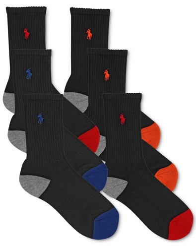New Polo Ralph Lauren Color Blocked Quarter Crew Socks Big Boys 8-9.5 Black NWT