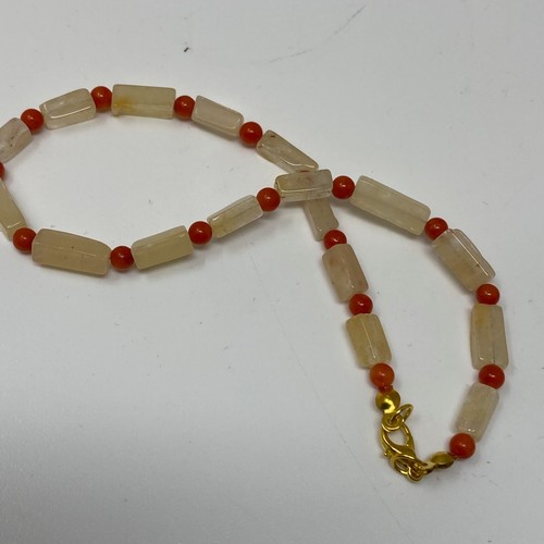 Handmade Beaded Anklet Pale Yellow Honey Quartz Stone Beads and Orange Coral 10" - Picture 2 of 4