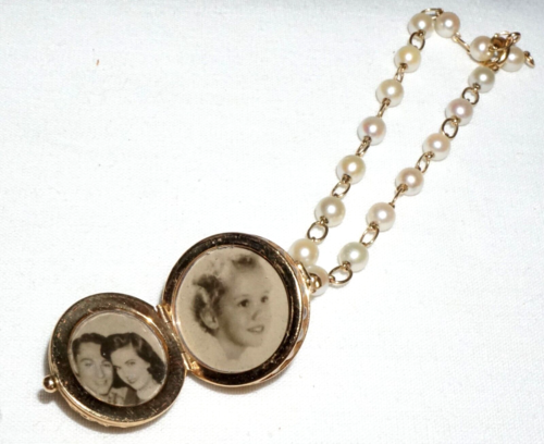 Vintage 14k Yellow Gold Pearl Bracelet w. Pierced Ball Photo Pendant (GeB)#10 - Picture 4 of 16