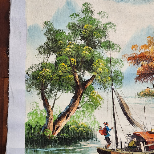Vintage Original chinesisches Junk Boat Ölgemälde auf Leinwand 21" x 27" signiert Segeln - Bild 4 von 14