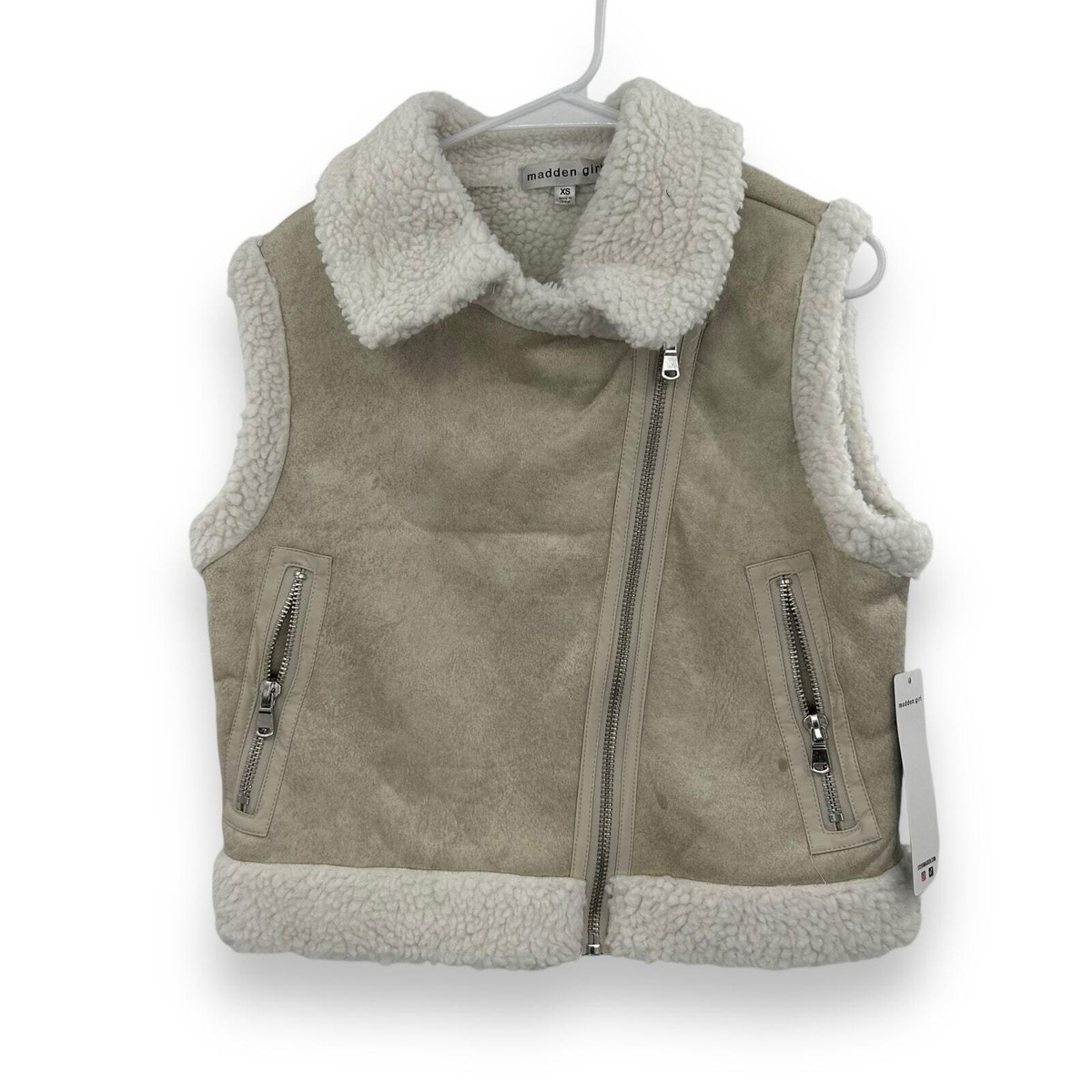 NEW Madden Girl Tan Faux Shearling Moto Vest Size XS Cream