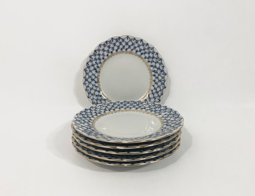 6x Lomonosov Cobalt Net USSR Bread Cake Plates 15,5 cm