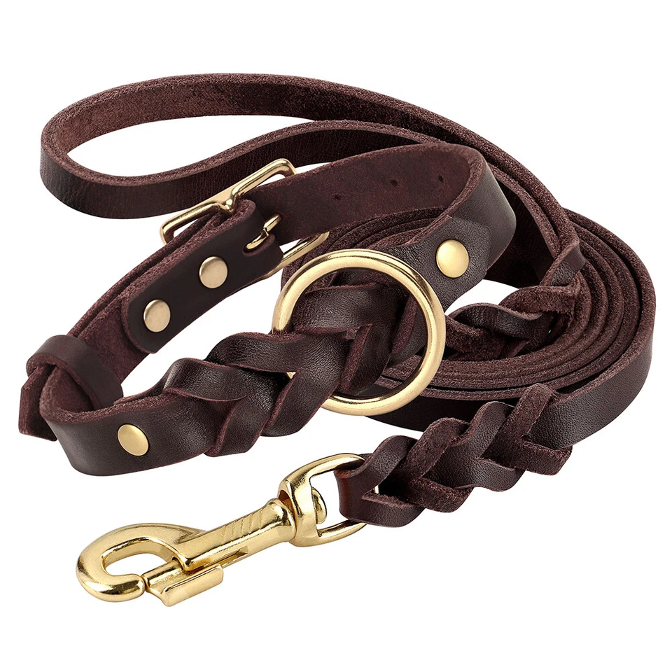 Genuine Leather Braided Dog Collar and Leash Set Heavy Duty For German Shepherd - Image 4 of 4