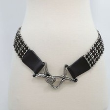 Elastic Metal Waist Belt Womens M Medium Brown Silver Studs Interlocking Clasp