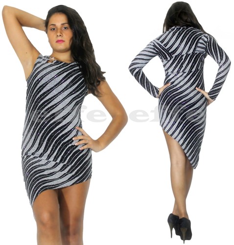 Mini abito donna + coprispalle bolero lurex vestito laminato asimmetrico - Foto 4 di 4