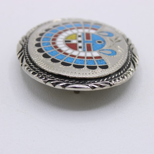Vintage SSI Zuni Sun Face Turquoise Multi Gemstone Inlay 3" x 2.5" Stainless - Picture 5 of 11