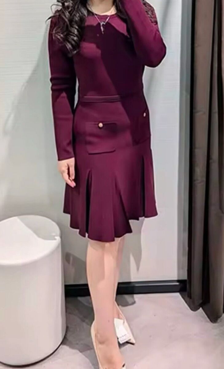 贅沢品 BURGUNDY FW24 WOMAN ZARA PLEATED L_REF SIZE DRESS KNIT MINI ワンピース
