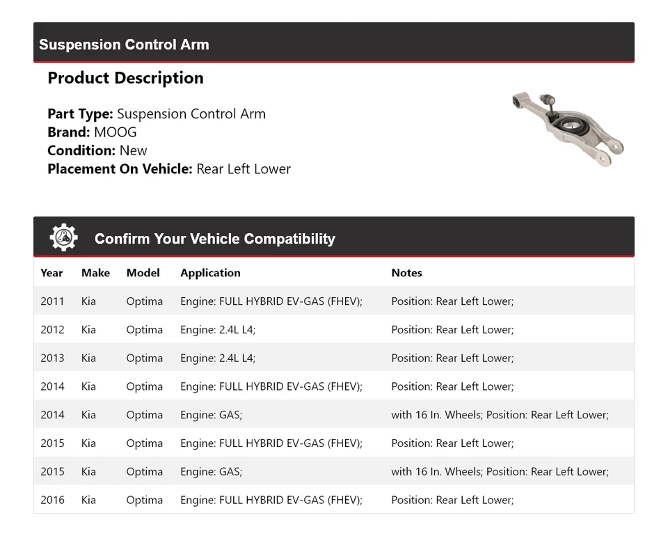 Brazo de control de suspensión trasero izquierdo inferior MOOG 2011-2016 para Kia Optima 2011 2012 Foto 2 de 4